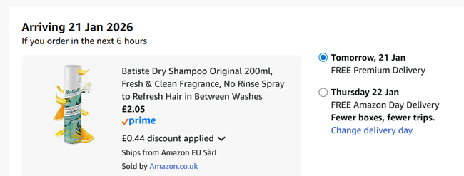 Screenshot showing Batiste Dry Shampoo Original 200ml for £2.05 at Amazon