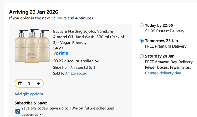 Screenshot showing Baylis & Harding Jojoba, Vanilla & Almond Oil Hand Wash, 500 ml (Pack of 3) for £4.27 at Amazon