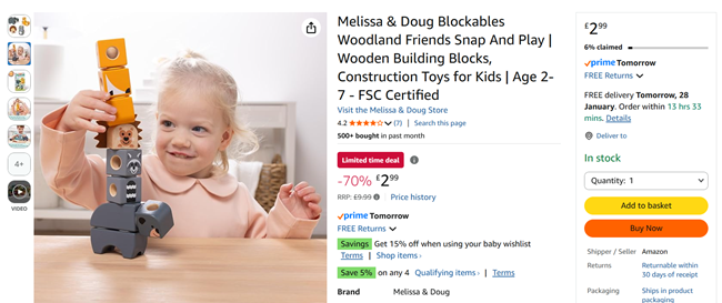 Screenshot showing Melissa & Doug Blockables Woodland Friends Snap And Play for £2.99 at Amazon