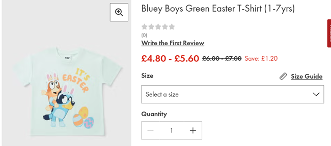Screenshot showing Bluey Green Easter T-Shirt from £4.80 at Matalan