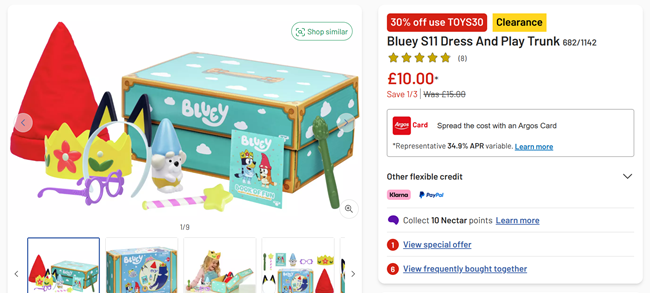 Screenshot showing Bluey S11 Dress And Play Trunk at Argos