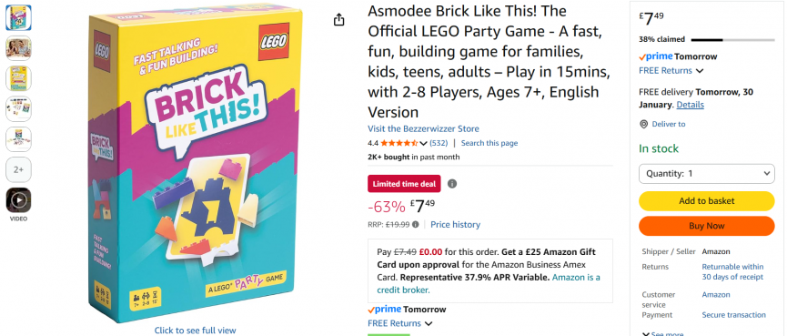 Screenshot showing Brick Like This! The Official LEGO Party Game for £7.49 at Amazon