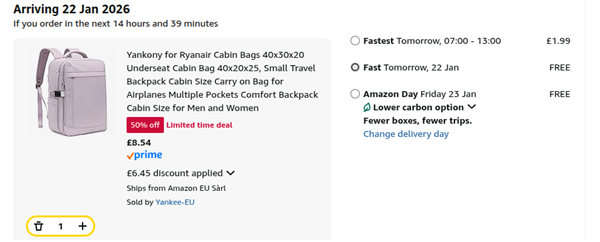 Screenshot showing Yankony Cabin Bag Underseat Travel Backpack for £8.54 at Amazon / Yankee-EU
