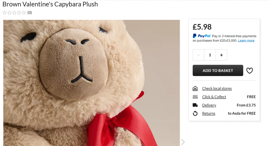Screenshot showing Brown Valentine's Capybara Plush for £5.98 at Asda George