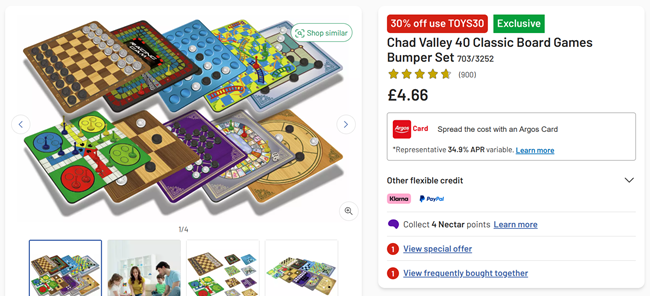 Screenshot showing Chad Valley 40 Classic Board Games Bumper Set at Argos
