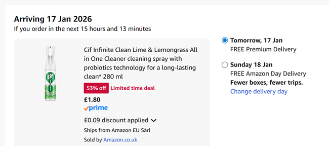 Screenshot showing Cif Infinite Clean Lime & Lemongrass All in One Cleaner for £1.80 at Amazon