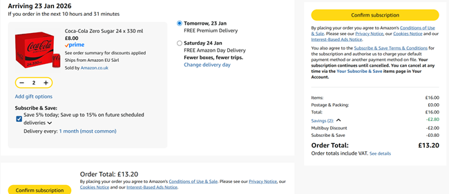 Screenshot showing Coca-Cola Zero Sugar 24 x 330 ml 2 for £13.20 at Amazon