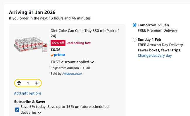 Screenshot showing Diet Coke Can 330ml x 24 for £6.36 at Amazon