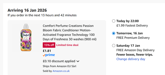Screenshot showing Comfort Perfume Creations Fabric Conditioner 30 Washes 900ml for £1.81 at Amazon