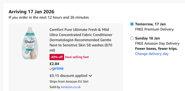 Screenshot showing Comfort Pure Ultimate Fresh & Mild Ultra Concentrated Fabric Conditioner 58 Wash for £2.84 at Amazon
