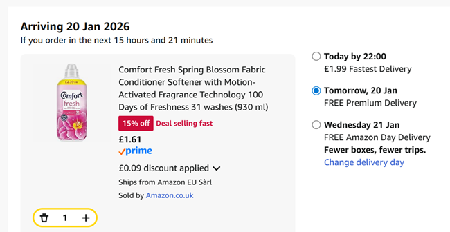 Screenshot showing Comfort Fresh Spring Blossom Fabric Conditioner 31 Washes for £1.61 at Amazon