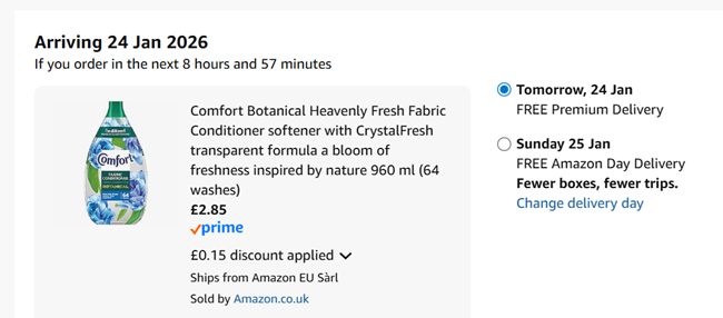 Screenshot showing Comfort Botanical Fabric Conditioner 64 Washes for £2.85 at Amazon
