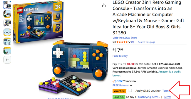 Screenshot showing LEGO Creator 3in1 Retro Gaming Console at Amazon