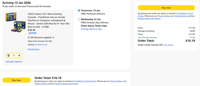 Screenshot showing LEGO Creator 3in1 Retro Gaming Console for £16.19 at Amazon