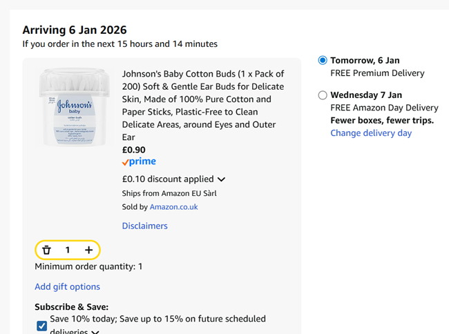 Screenshot showing Johnson's Baby Cotton Buds (1 x Pack of 200) for 90p at Amazon