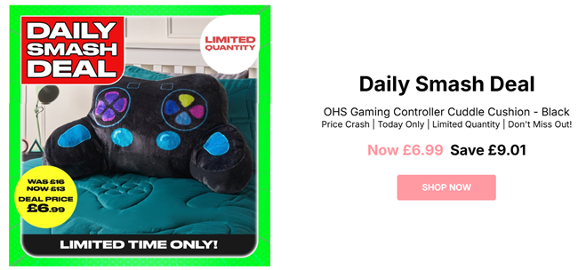 Screenshot showing Gaming Controller Cuddle Cushion for £6.99 at Online Home Shop