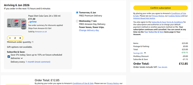 Screenshot showing Pepsi Diet Cola Cans 24 x 330ml 2 for £12.85 at Amazon