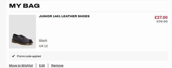 Screenshot showing basket with sale shoes and extra 10% off applied with code at Dr Martens
