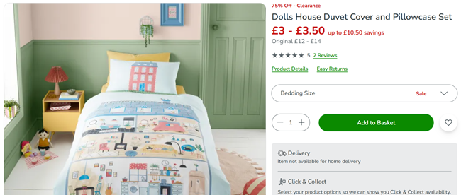 Screenshot showing Dolls House Duvet Cover and Pillowcase Set from £3 at Dunelm