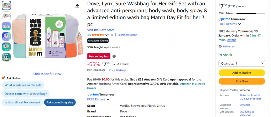 Screenshot showing Dove, Lynx, Sure Washbag for Her Gift Set for £7 at Amazon