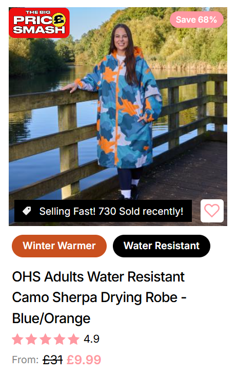Screenshot showing OHS Adults Water Resistant Camo Sherpa Drying Robe, Blue/Orange from £9.99 at Online Home Shop