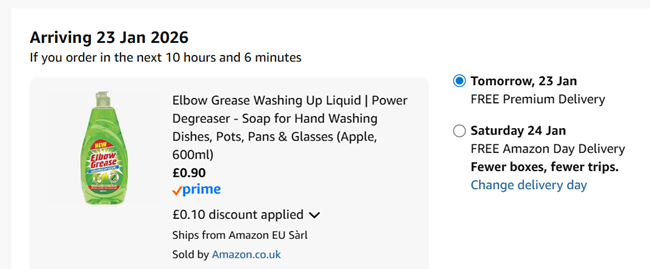 Screenshot showing Elbow Grease Washing Up Liquid Power Degreaser Apple 600ml for 90p at Amazon