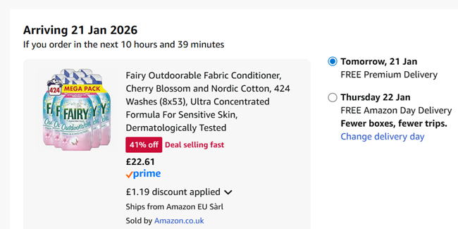 Screenshot showing Fairy Outdoorable Fabric Conditioner, Cherry Blossom and Nordic Cotton, 424 Washes (8x53) for £22.61 at Amazon