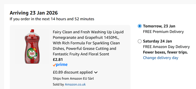 Screenshot showing Fairy Clean and Fresh Washing Up Liquid Pomegranate and Grapefruit 1450ML for £2.81 at Amazon