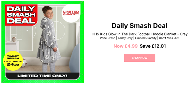 Screenshot showing Kids Glow In The Dark Football Hoodie Blanket for £4.99 at Online Home Shop