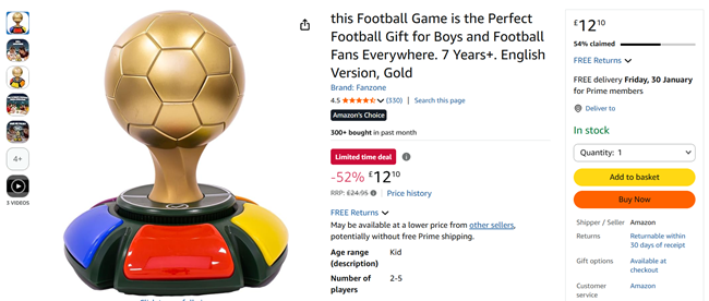 Screenshot showing Fanzone: The Football Trivia Game for £12.10 at Amazon