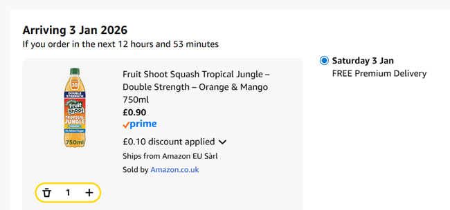 Screenshot showing Fruit Shoot Squash Tropical Jungle, Double Strength, Orange & Mango 750ml for 90p at Amazon