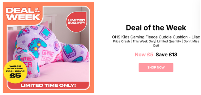 Screenshot showing OHS Kids Gaming Fleece Cuddle Cushion Lilac for £5 at Online Home Shop