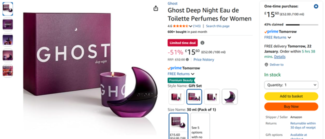 Screenshot showing Ghost Deep Night Eau de Toilette 30ml Gift Set for £15.60 at Amazon
