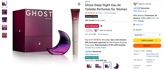 Screenshot showing Ghost Fragrance Mini Gift Set for £6.07 at Amazon