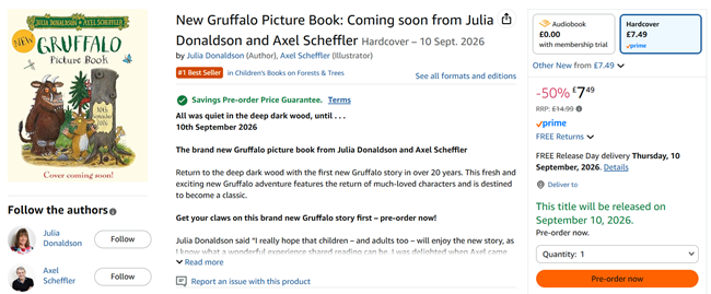 Screenshot showing New Gruffalo Picture Book at Amazon
