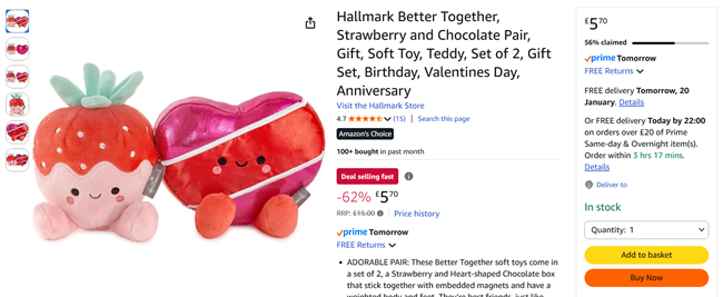 Screenshot showing Hallmark Better Together, Strawberry & Heart Chocolate Soft Toys for £5.70 at Amazon