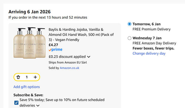 Screenshot showing Baylis & Harding Jojoba, Vanilla & Almond Oil Hand Wash, 500 ml (Pack of 3) for £4.27 at Amazon