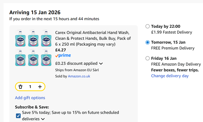 Screenshot showing Carex Antibacterial Hand Wash 6 x 250 ml for £4.27 at Amazon