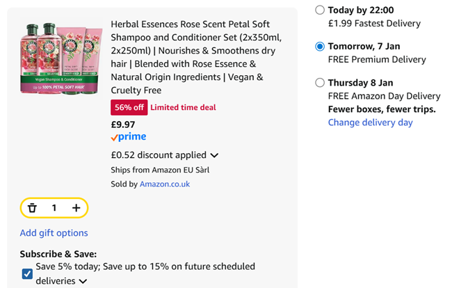 Screenshot showing Herbal Essences Rose Scent Petal Soft Shampoo (2 x 350ml) and Conditioner (2 x 250ml) Set for £9.97 at Amazon