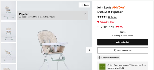 Screenshot showing John Lewis Anyday Dash Spot Highchair for £19.95 at John Lewis & Partners