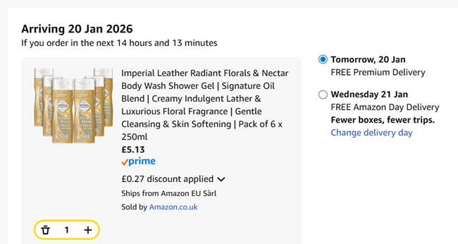 Screenshot showing Imperial Leather Radiant Florals & Nectar Body Wash Shower Gel Pack of 6 x 250ml for £5.13 at Amazon