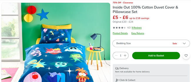 Screenshot showing Disney Pixar Inside Out 100% Cotton Duvet Cover & Pillowcase Set from £5 at Dunelm