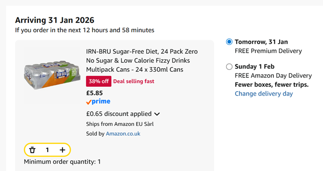 Screenshot showing IRN-BRU Sugar-Free Diet Cans 24 x 330ml for £5.85 at Amazon