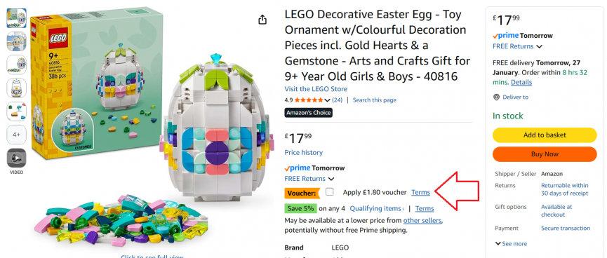 Screenshot showing LEGO Decorative Easter Egg 40816 at Amazon