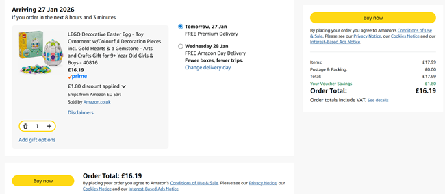 Screenshot showing LEGO Decorative Easter Egg 40816 for £16.19 at Amazon