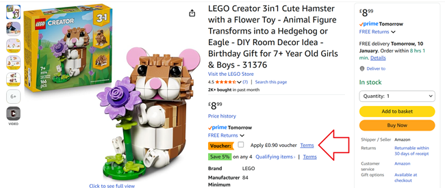 Screenshot showing LEGO Creator 3in1 Cute Hamster with a Flower at Amazon