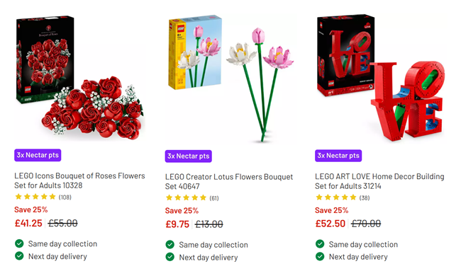 Screenshot showing reduced LEGO sets at Argos