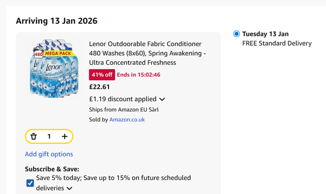 Screenshot showing Lenor Outdoorable Fabric Conditioner 480 Washes (8x60) for £22.61 at Amazon