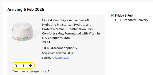 Screenshot showing L'Oréal Paris Triple Active Day 24H Hydrating Moisturiser for £3.41 at Amazon