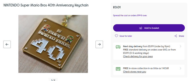 Screenshot showing Nintendo Super Mario Bros 40th Anniversary Keychain for 1p at Currys